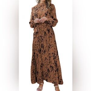 R Vivimos Woman Long Sleeve Pleated Casual Mock Neck Maxi Dress w Belt MEDIUM